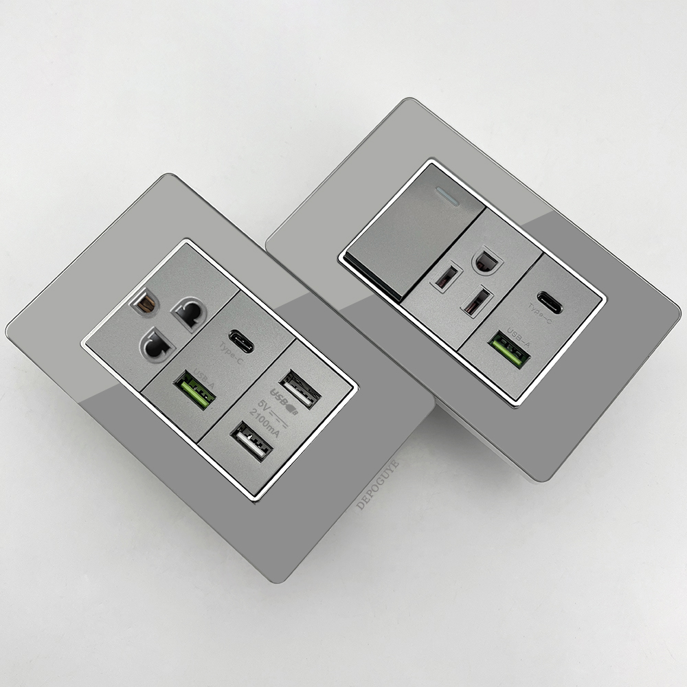 Smart Wall Socket - 그레이 강화유리 미국식 USB 타입-C 20W